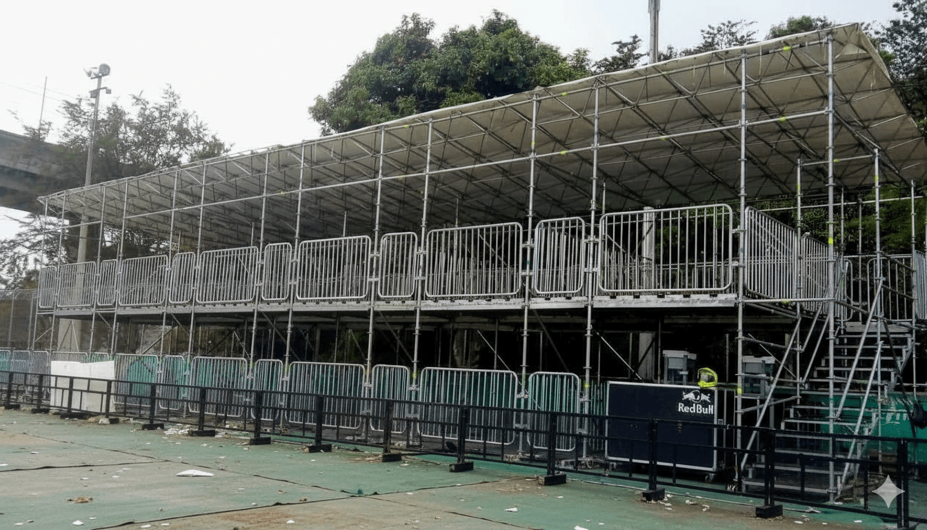 Tarima de dos niveles con baranda y cubierta en un evento